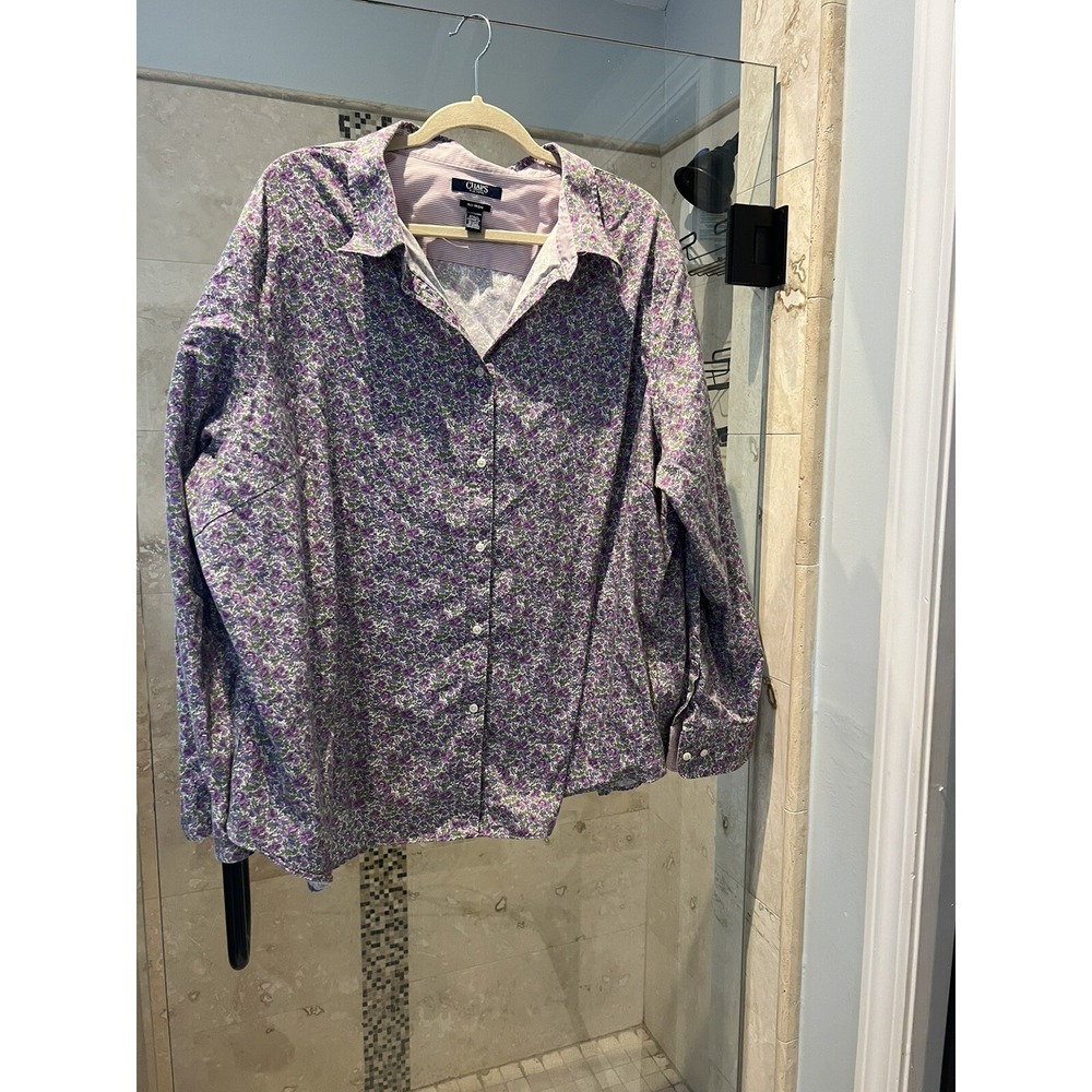 Chaps Ralph Lauren Womens 3X Purple Floral No Iron Cotton Button Up Shirt